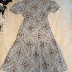 LOFT Light Blue Floral-Print Tiered Midi Dress